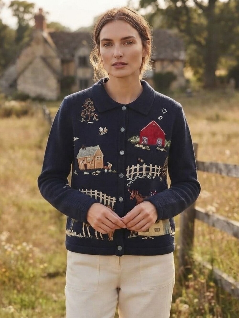 Vintage Northern Reflections Blue Cotton Cardigan with Embroidered Country Scene